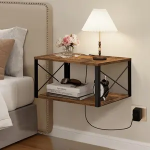 Floating Nightstand,  Floating Bedside Table with  Hole, 2 Tier Wall Mounted Nightstand, Hanging Night Stand Wall Shelves for Bedroom Living Room Bathroom Kitchen, Rustic Brown