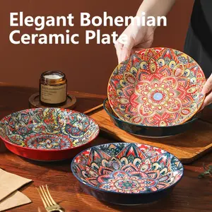 4 Pcs Boho Style Ceramic Dinnerware Set, 8in Deep Plates, Vintage Glazed Bowls, Oven Microwave Dishwasher Safe, Perfect for Holidays and Gifts
