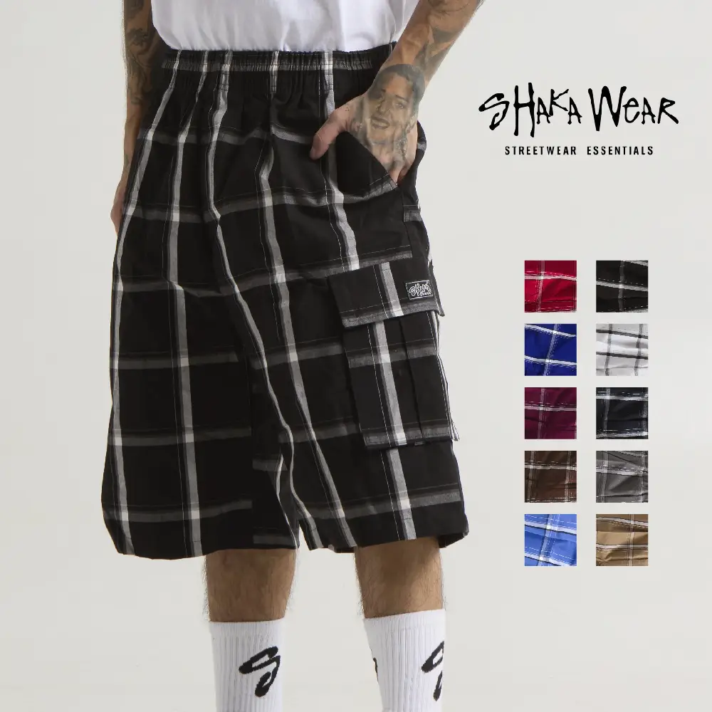 SHAKAWEAR Men's Checker Shorts Loose Fit Shaka Wear Plaid Shorts Casual Cargo Shorts Stretch Shorts 6 Pockets Drawstrings Hip Hop Harem (S to 5XL)