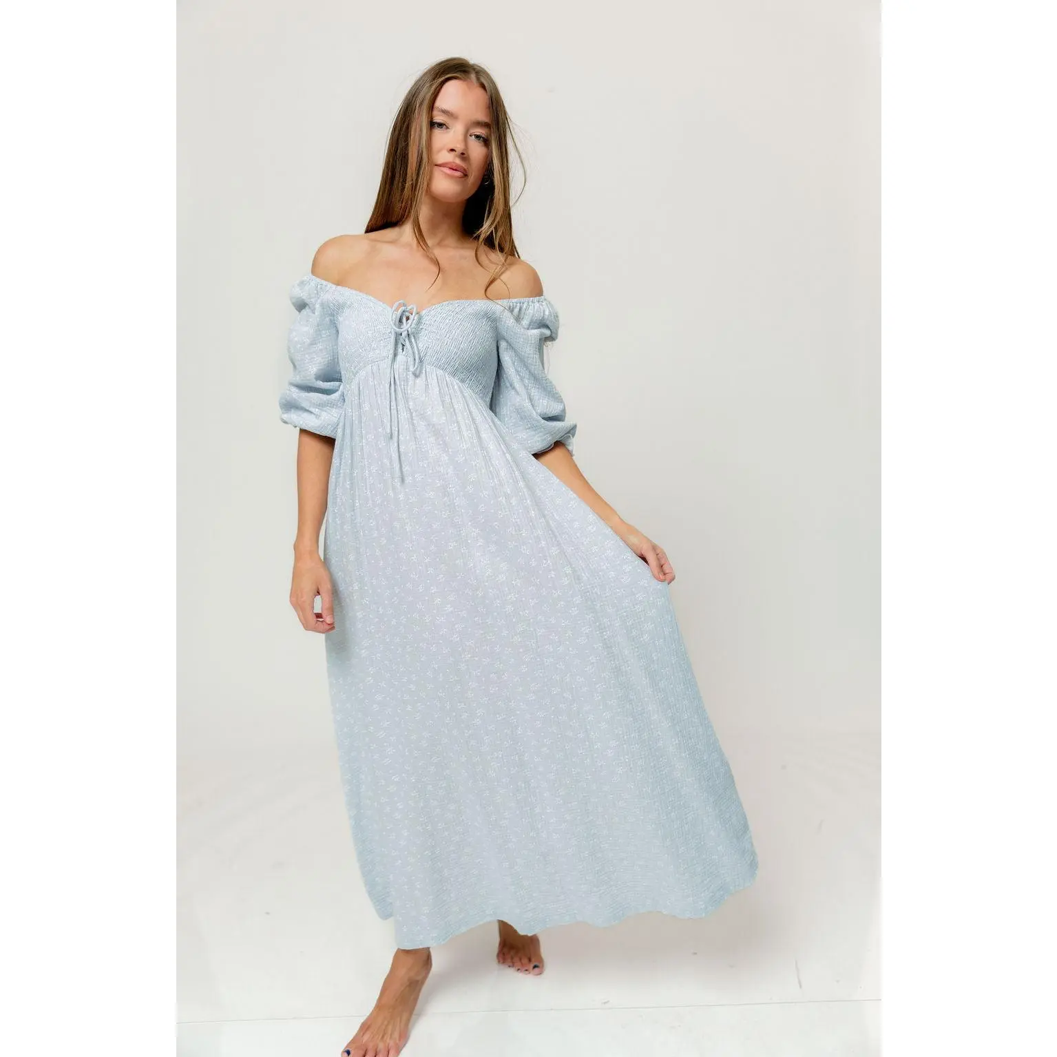 Cecilia 100% Cotton Smocked Maxi Dress in Baby Blue Foliage - Bump Friendly