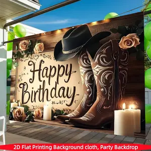 2D flat polyester material birthday background cloth, 1-pack Western cowboy style birthday banner Retro wood grain rose cowboy boots hat birthday party decoration background cloth Outdoor courtyard party photo decoration hanging flag