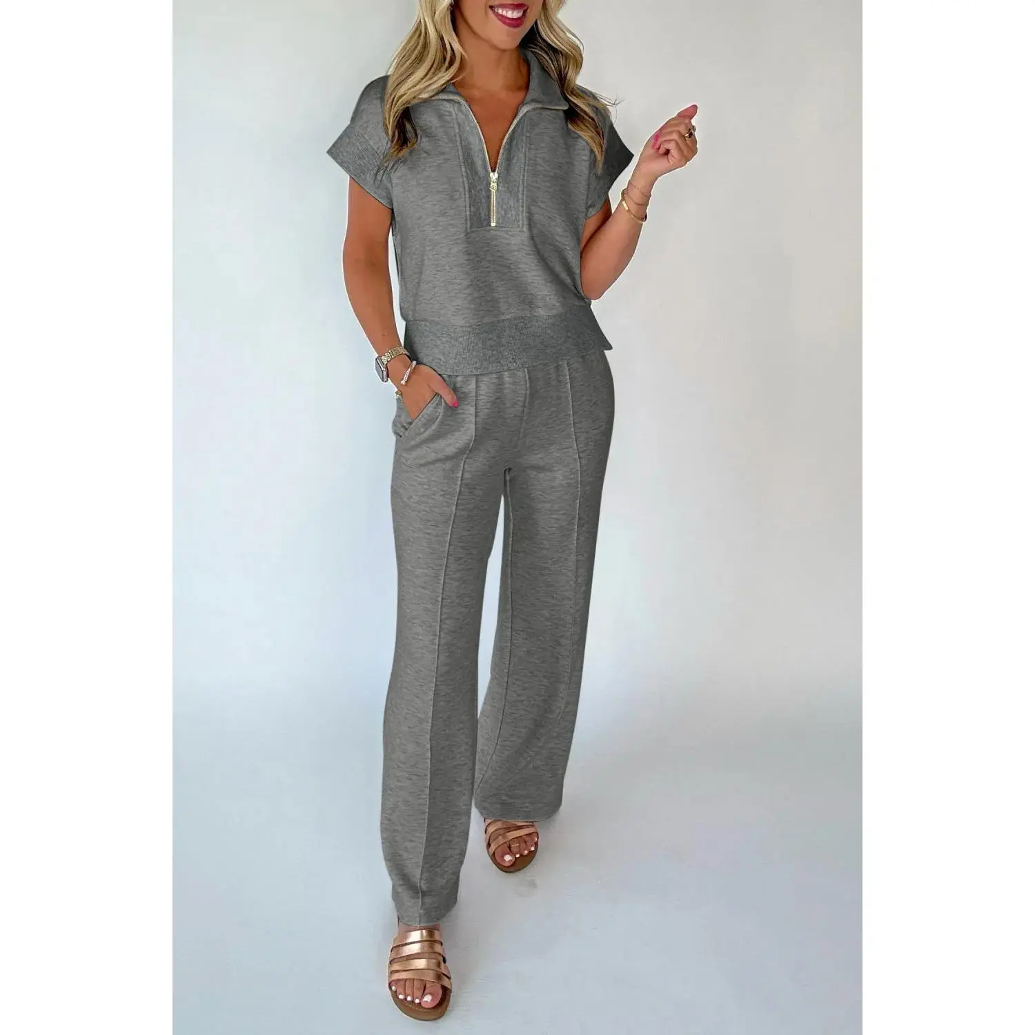 Gray Half Zip Polo Tee Casual Pant Set