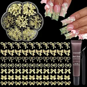 Bow Nail Charms Gold 3D Bowknot Nail Bow Charms 70PCS Bow Nail Art Charms Kits with Glue Gel,Tweezer for Nail Art and DIY Crafts Decoration