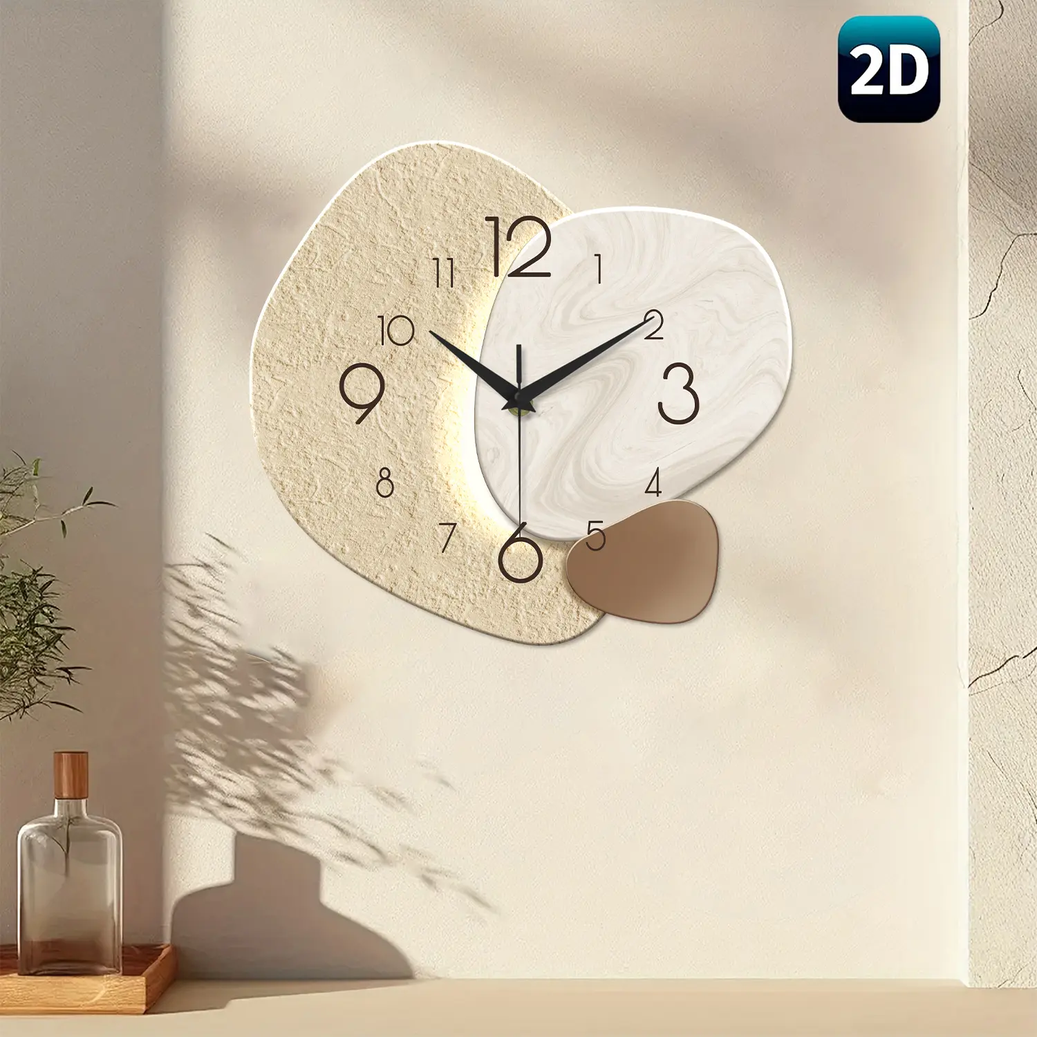 ConstantPlanet modern irregular wooden large wall clock, 12–16 inches silent analog quartz battery-powered clock, suitable for living room, bedroom, office decor—an ideal holiday gift (flat design, no lighting). Minimalist Industrial Style