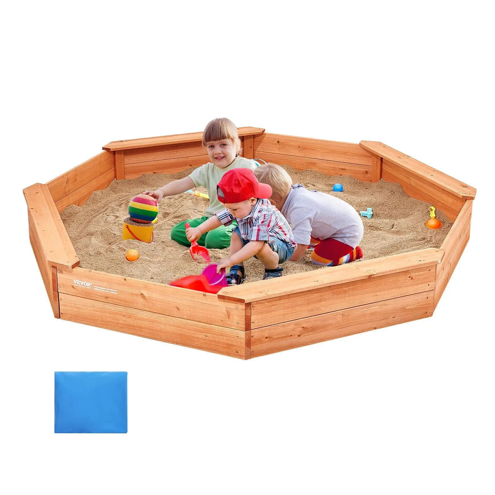 VEVOR Wooden Sandbox with Cover & Lid, 75.6x75.6x9.1in Octagonal Sand Pit, 4 Seats & Bottom Liner, Outdoor Kids Play Equipment for Backyard, Gift for Ages 3-12, Sandbox With Lid