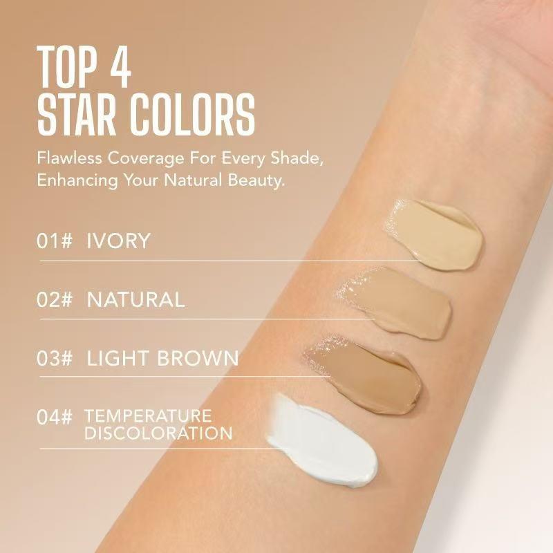 4-Shade Lightweight Concealing Foundation: Waterproof, silky-smooth, and flawless finish. This lightweight foundation provides natural radiance and long-lasting wear, ideal for concealing dark circles, blemishes, and other imperfections on the face.