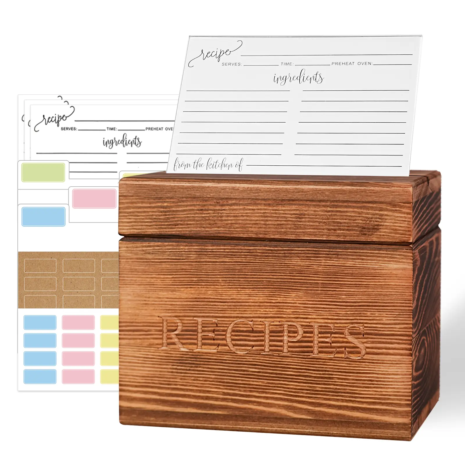 Acacia\Bamboo\Pine Wood  Recipe Box 4x6 – Wooden Recipe Organizer with Cards & Dividers – Kitchen Countertop Recipe Storage Holder Set