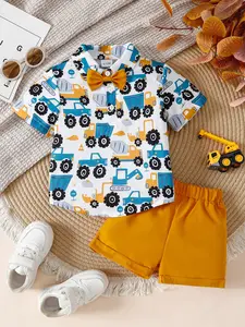 Boys' Construction Print Turn-Down Collar Bow Tie Short Sleeve Shirt & Solid Color Shorts Set, Casual Active Style, Fits 6 Months to 3 Years