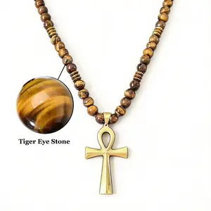 Men Women Cross Necklace with Tiger Eye Stone Cross Necklace for Men Women,Life Symbol Beads Necklace,Ethnic Religious Jewelry Gifts，Trendy Punk Jewelry for Men Women