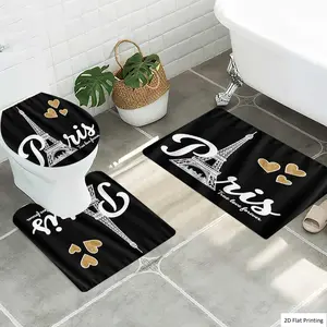 1/3Pcs Paris themed T shirt with Eiffel Tower and Hearts Bathroom Mat Set, Flannel Non Slip Bath Rug, Toilet U-Shape Mat, Toilet Lid Cover, Thickened Soft Absorb Water, Microfiber Surface Memory Foam Cushion, Bathroom Floor Mat, Bathroom Decorative Mat