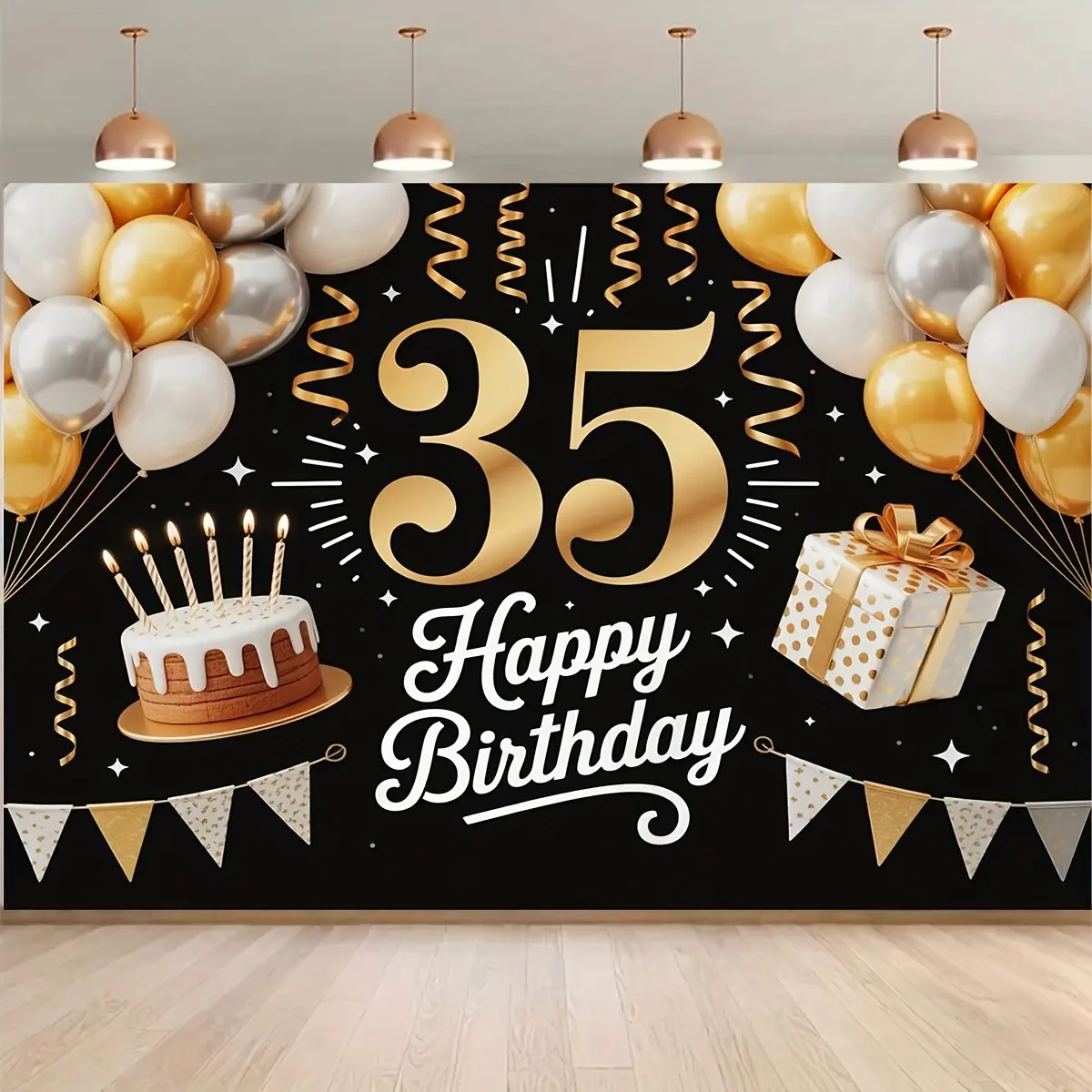 35th Birthday Soft Polyester Photo Booth Backdrop - Glam Golden & White Balloons, Cake, Gift Boxes Prints, Durable Fashion Unisex Adult Indoor Party Decor 2D Flat Banner