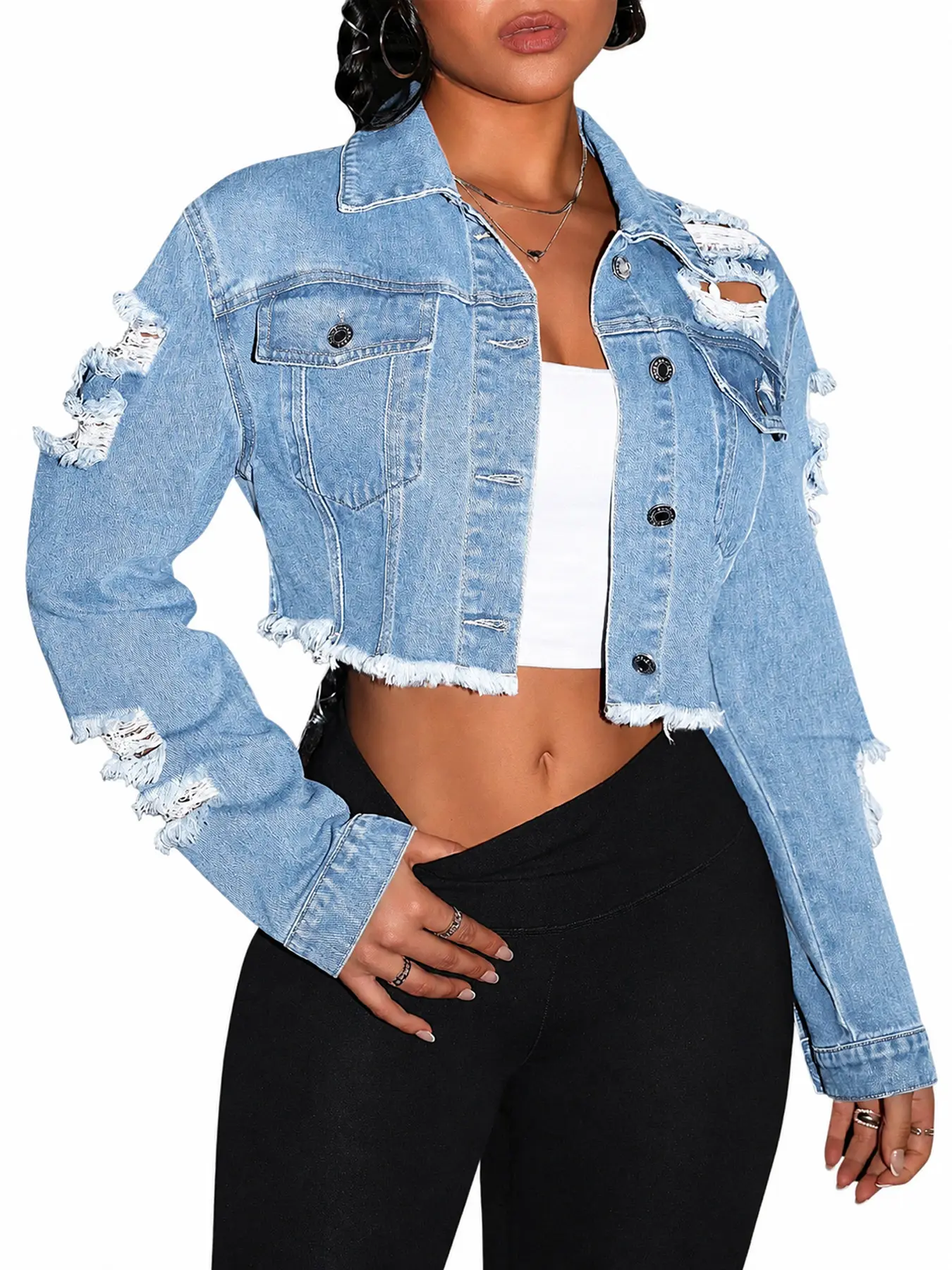 VERNOLA Women's Light Cotton-Poly Fitted Collared Long Sleeve Distressed Cropped Denim Jacket - Chic Blue Button-Up Tops with Floral Accent, Cool Girl Style Elevated Casual Coats