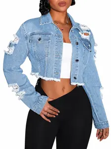 VERNOLA Women's Light Cotton-Poly Fitted Collared Long Sleeve Distressed Cropped Denim Jacket - Chic Blue Button-Up Tops with Floral Accent, Cool Girl Style Elevated Casual Coats