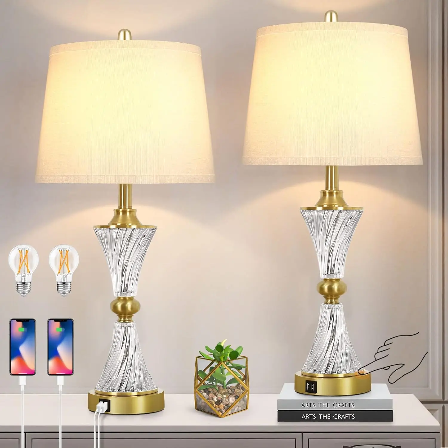 MATULSA 3-Way Dimmable Touch Control Table Lamps (Set of 2) - Modern Design Fabric White Drum Shade, Gold Crystal, Metal Base, USB Charging Ports, Adjustable Brightness, Included Bulb, Room Decorations for Bedroom, Decor Accessories