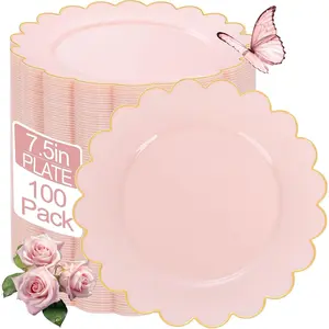 100 count 7.5" Pk Plastic Plates with  Disposable Pk Dessert Plates  Plastic Plate, Shower Plate Set Suitable for Weddgs Bridal Showers Afternoon  Mothers Day