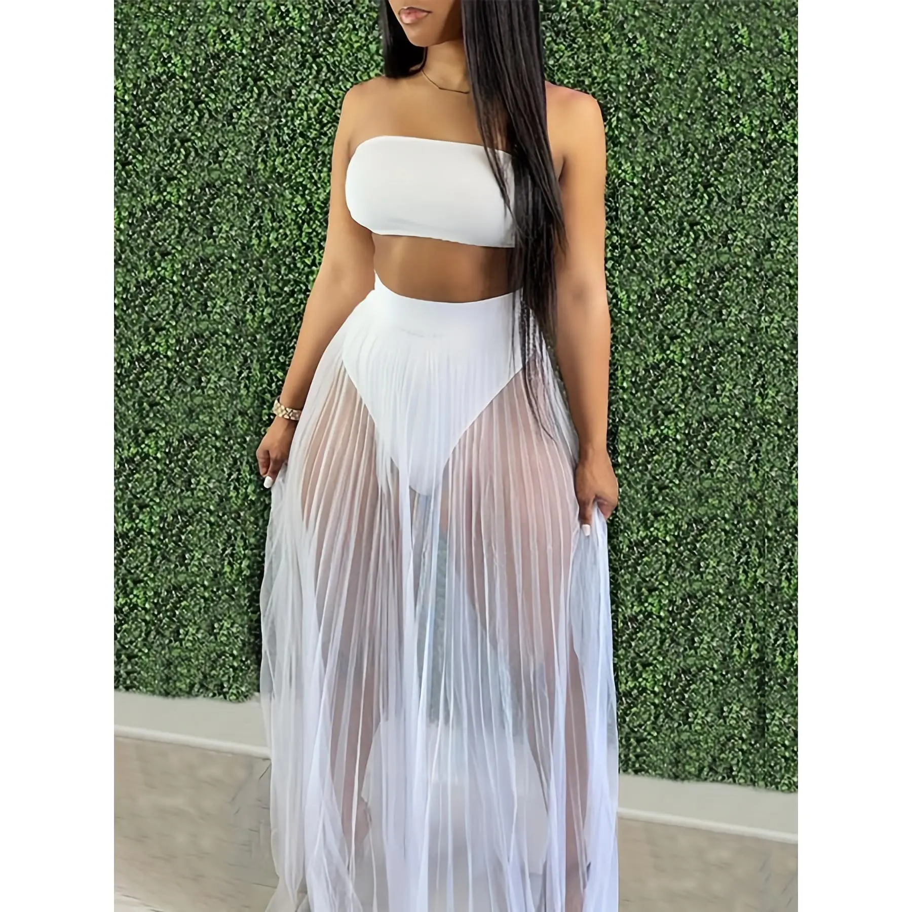 Women 3 piece swimsuit set-bandeau bikini and fishnet hollow out beach maxi dress cover ups party skirts, clubwear set-for women-Summer beachwear-perfect gift for vacation