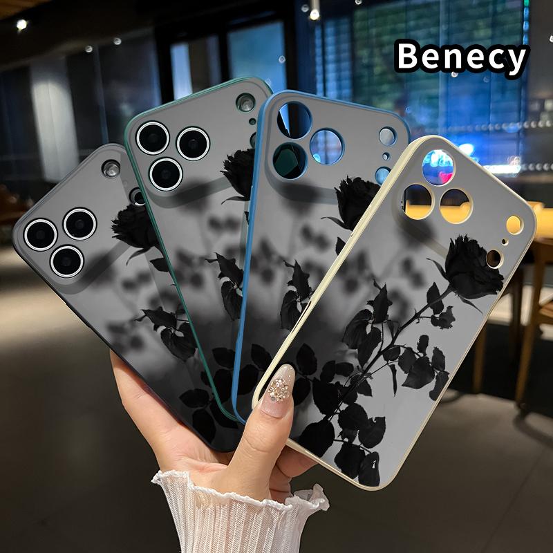 Straight Edge Phone Case for iPhone 17 15 16 14 Pro Max 13 12 11 XR XS Plus Air E Black Rose Pattern Anti-Scratch Shockproof Soft Liquid Silicone Protective Cover Smartphone Casing