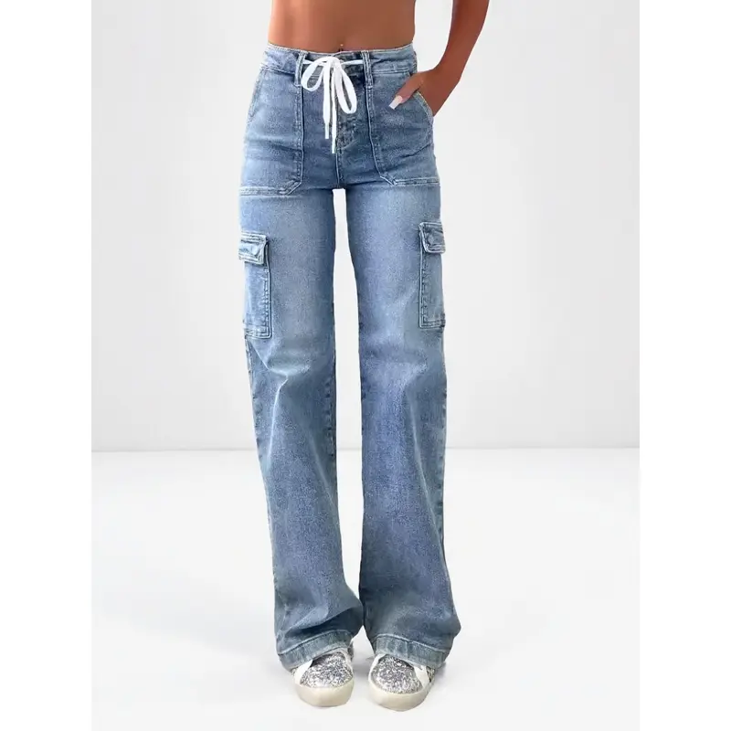 2026 Loose Fit Cargo Jeans for Women Washed Denim Street Style Y2K Vintage 90s Pants with Pockets Belted Button Front Casual All-Season Machine Washable Travel Wardrobe