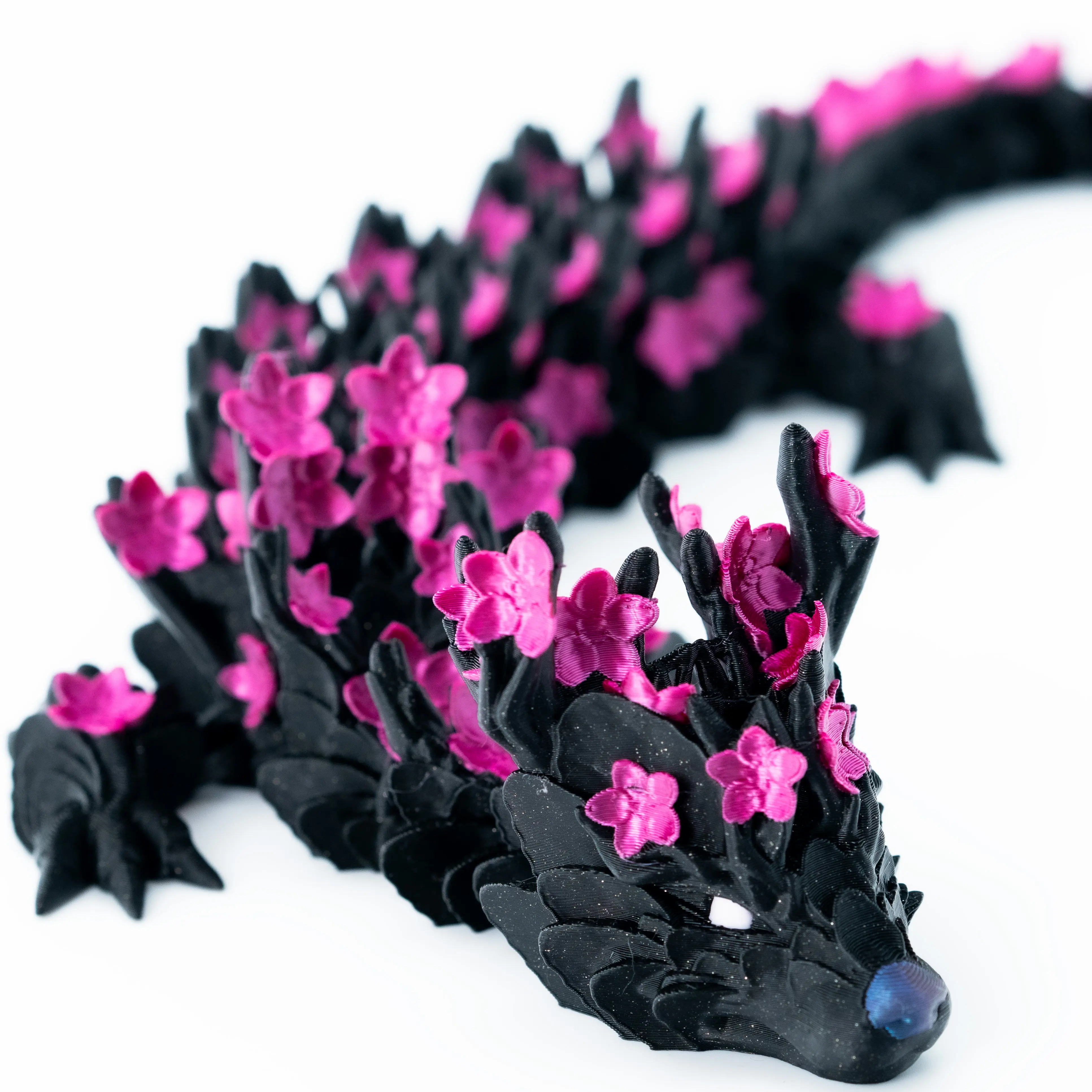 Blossom Dragon | Up to 30 inch 3D printed dragon with articulating links adorned with flower blossoms and flower pedals on the tail | with boopable snoot
