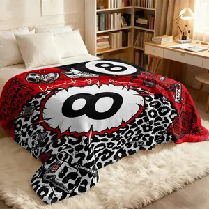 Street Graffiti Style 8 Billiard Print Flannel Blanket, Black White Red Color and Lucky 8 Ball Billiards, Comfortable Warm Soft Lightweight, Vintage Y2K Sofa Bed Decor Office Nap Throw Travel Camping Cover Blanket, Gift Choice
