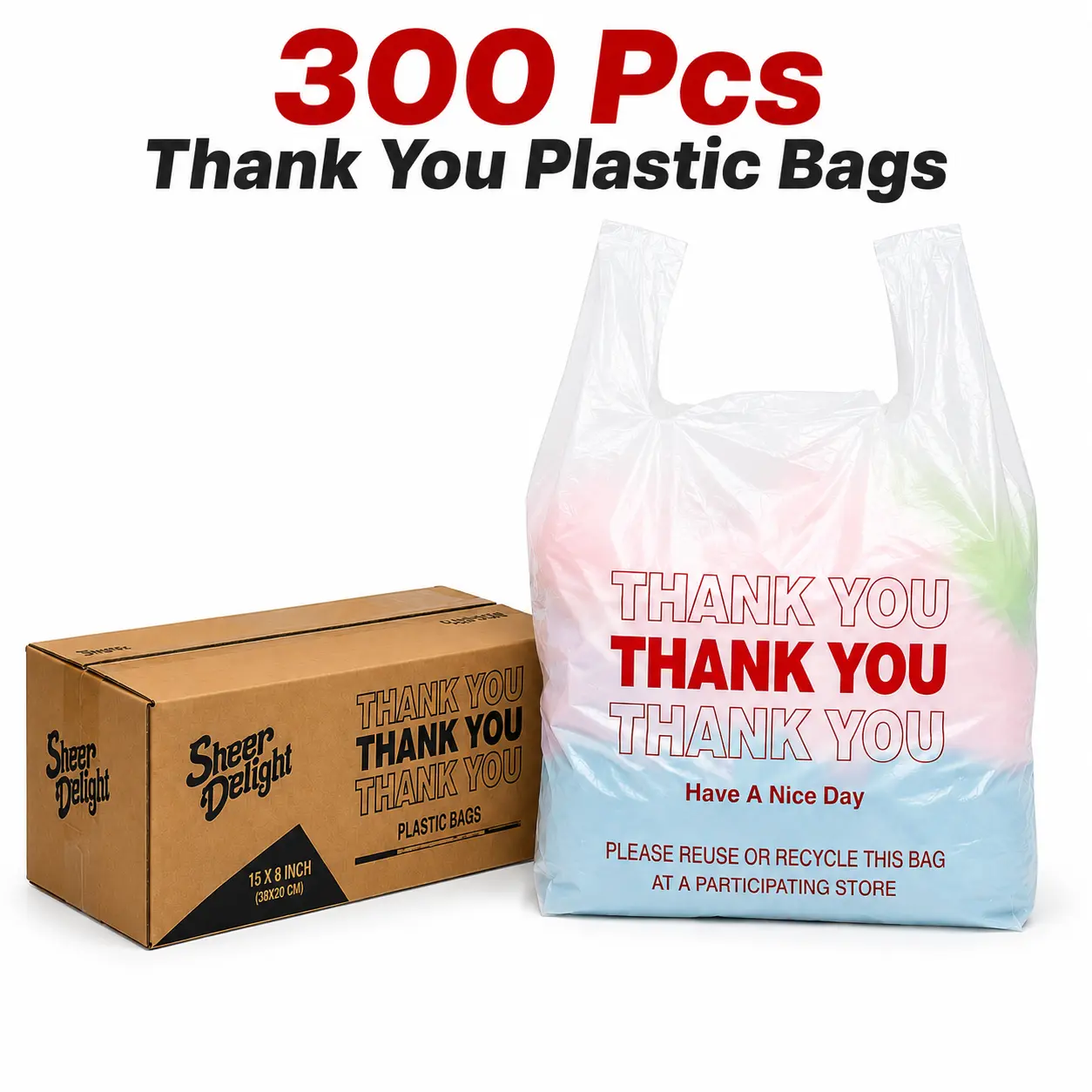 300 Pcs Thank You Plastic Shopping Bags | White T-Shirt Grocery Bags with Handles, 11 x 6 x 21 in Retail Carryout Bags for Small Business