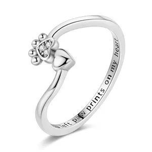 LAZA 925 Sterling Silver Paw Print Heart Ring | Adjustable opening design | Inlaid with zircon | Memorial pet exclusive sentimental ring | Ideal gift for pet lovers