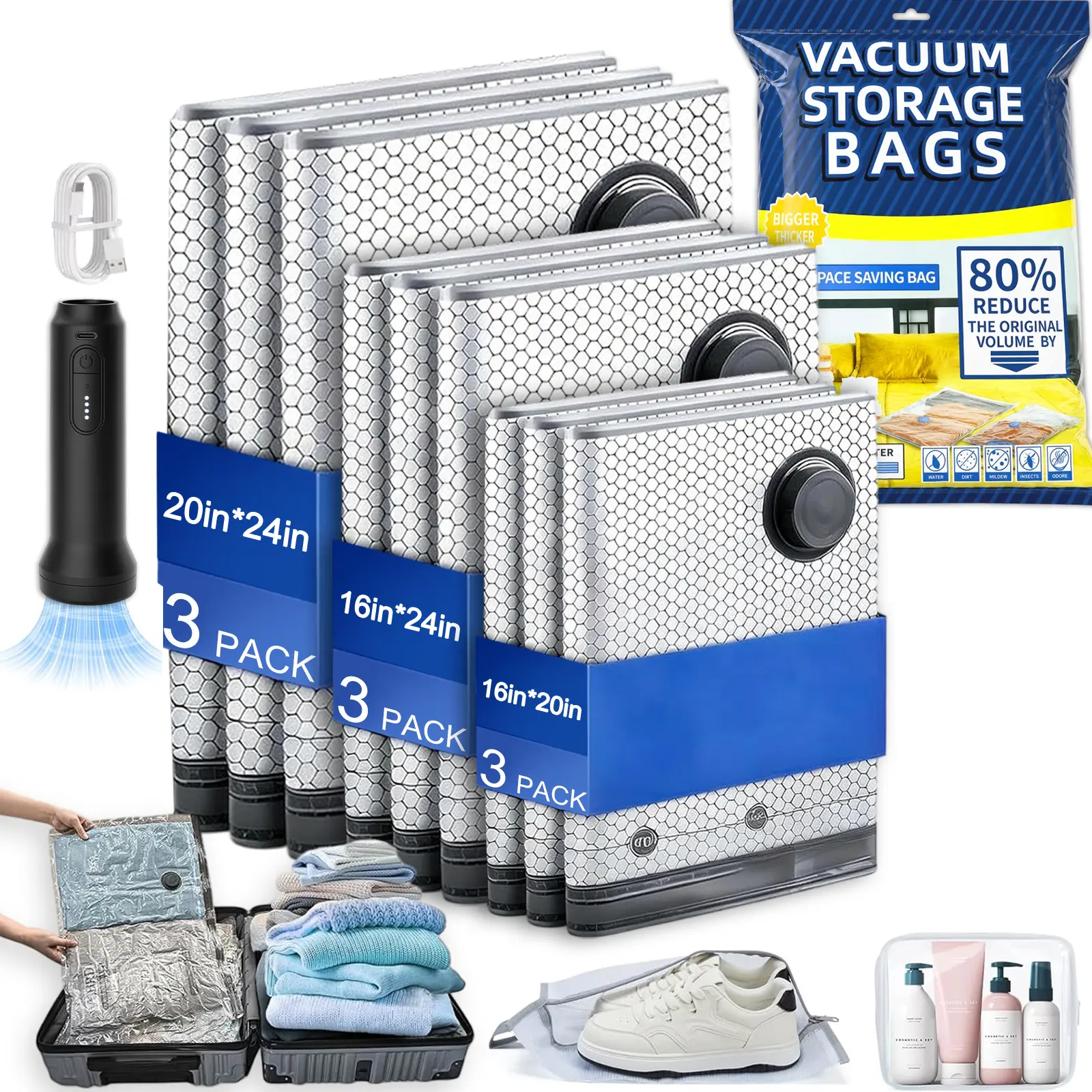 15 pcs Rechargeable Hand Pump Vacuum Compression Storage Bags, Airtight Reusable Waterproof Space Saver Bags for Travel Carry-On Suitcases Clothing Storage