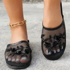 Women's Floral Beaded Mesh Chinese Slippers