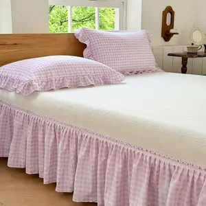 Pink Gingham Wrap Around Ruffled Bed Skirt with Lace, Grid Elastic Dust Ruffles for Queen Bed, 15 Inch Drop Farmhouse Cottage Pleated Bed Frame Cover(Pink Gingham, Queen)