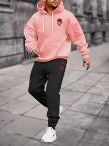 Men's Streetwear Hoodie Set, Oversized Hooded Sweatshirt + Drawstring Pants, Rose Print, Fleece Lined, Warm High Street Hip Hop Style