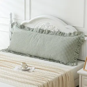 Green/White Plaid Ruffled Body Pillow Sham Washed Cotton Shabby Checkered Gingham Pillow Cover 20"x54"