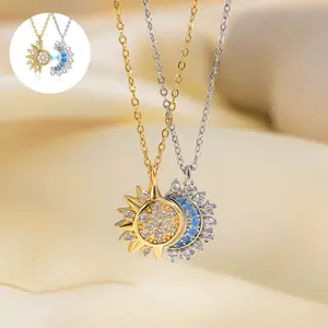 Unique Retro Design Sun and Moon Stackable Necklace,Sparkling Gold Silver Rhinestone Sun Pendant Necklace Couple Necklaces Matching Necklaces as Friendship Best Friend Jewelry for Women Men