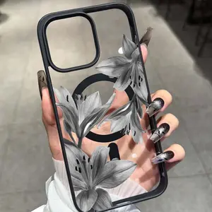 Lily Flower Pattern Acrylic Anti-Drop Phone Case, Magnetic Ring Wireless Charging, Fits Apple iPhone & Samsung Models, Shockproof Phone Cover