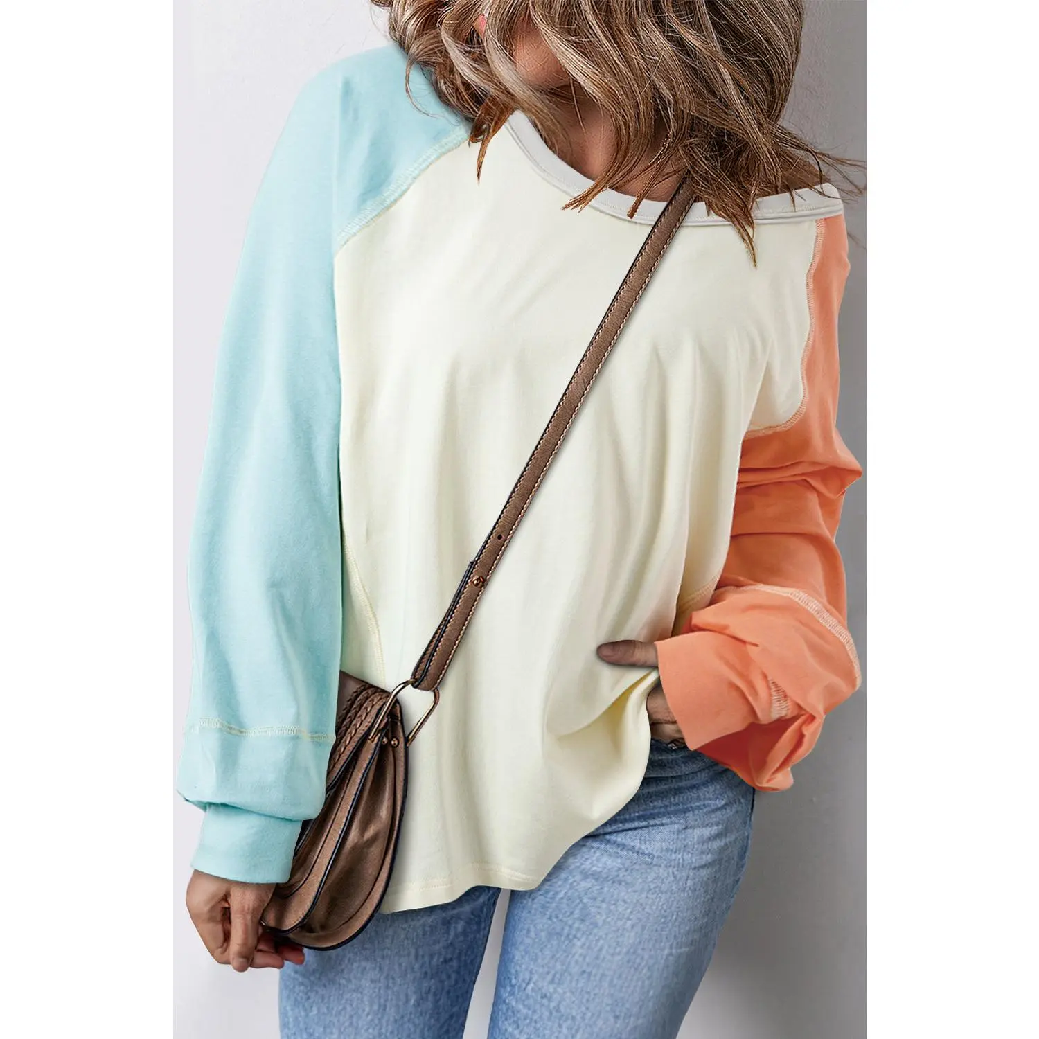 Yellow Cream Colorblock Patchwork Crew Neck Long Sleeve Top