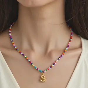 Colorful Initial Necklaces for Women – Bubble Necklace Handmade Beaded Necklace Dainty Cute Beach Boho Necklaces for Women Trendy Jewelry Choker Necklace
