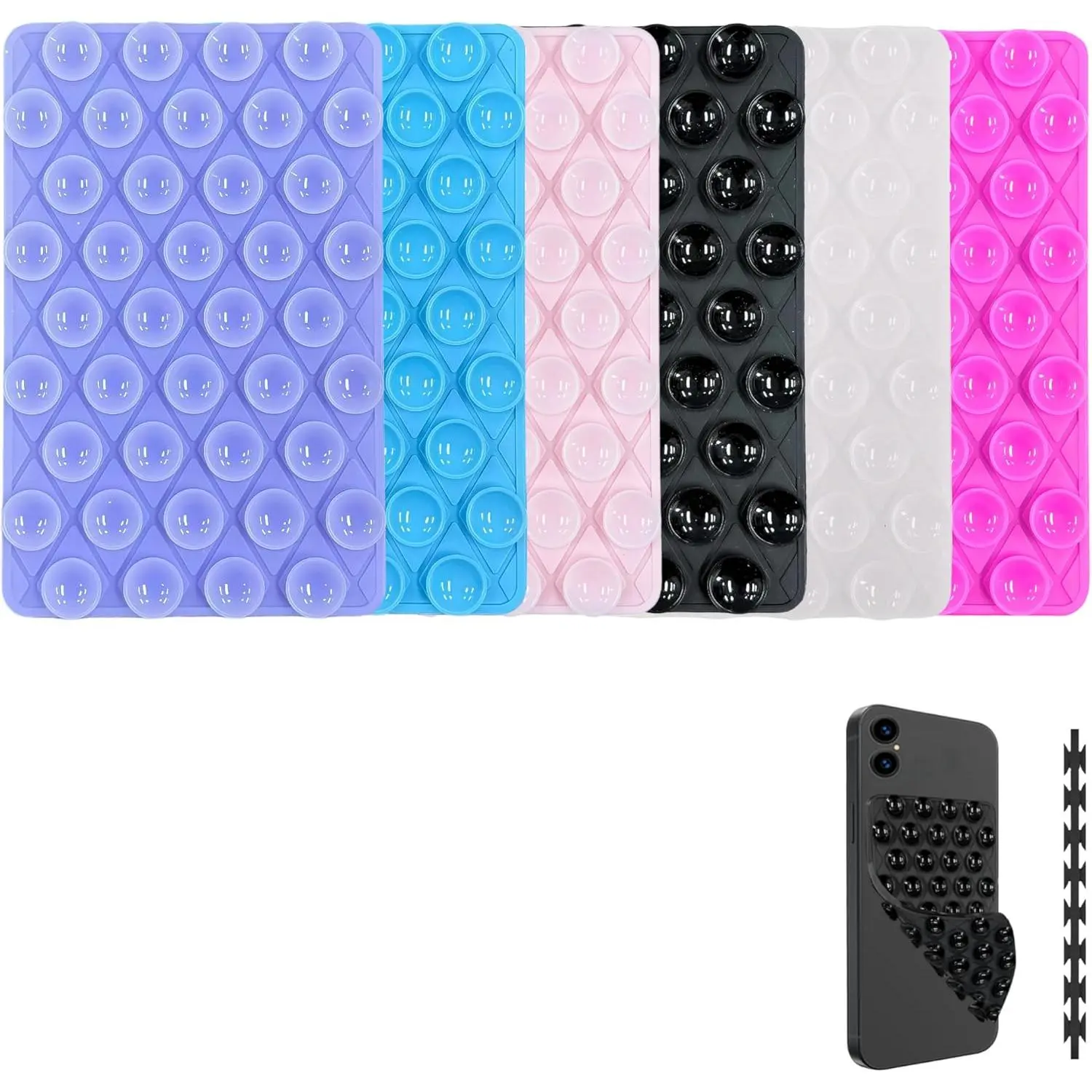 6-Pack Double-Sided Suction Cup Universal Fit Smartphone Case Set with Detachable Grip Mount - Portable Synthetic Mobile Accessories for Content Creators, Hands-Free Selfie/Video Stand (Rose, Black, Blue, Transparent), Grip Handle, Kickstand