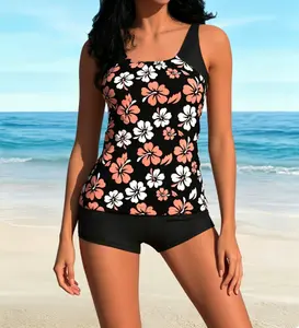Tropical Hibiscus Print Tankini Two-Piece Set - Scoop Neck Tankini Top with Contrast Black Shoulder Straps, Matching Solid Black Boy Shorts, Black Base with Coral & White Floral Pattern, Sporty & Modest Swimwear Summer Vibes