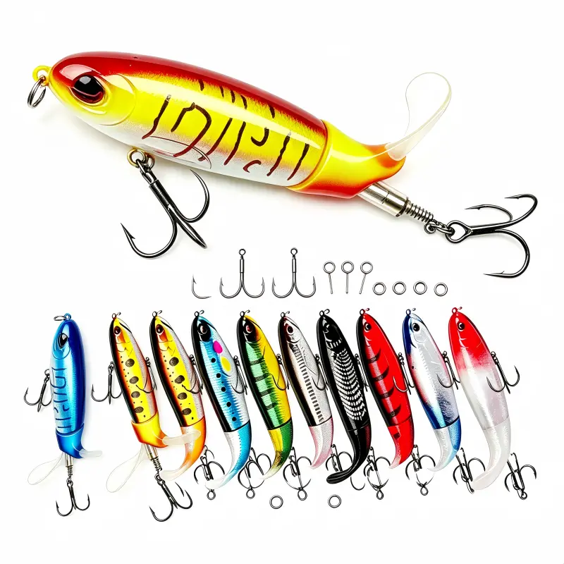 Topwater Fishing Lures With Storage Box, Whopper Popper for Bass, Catfish, Pike, Perch - Floating Pencil Bait With Rotating Tail for Freshwater or Saltwater