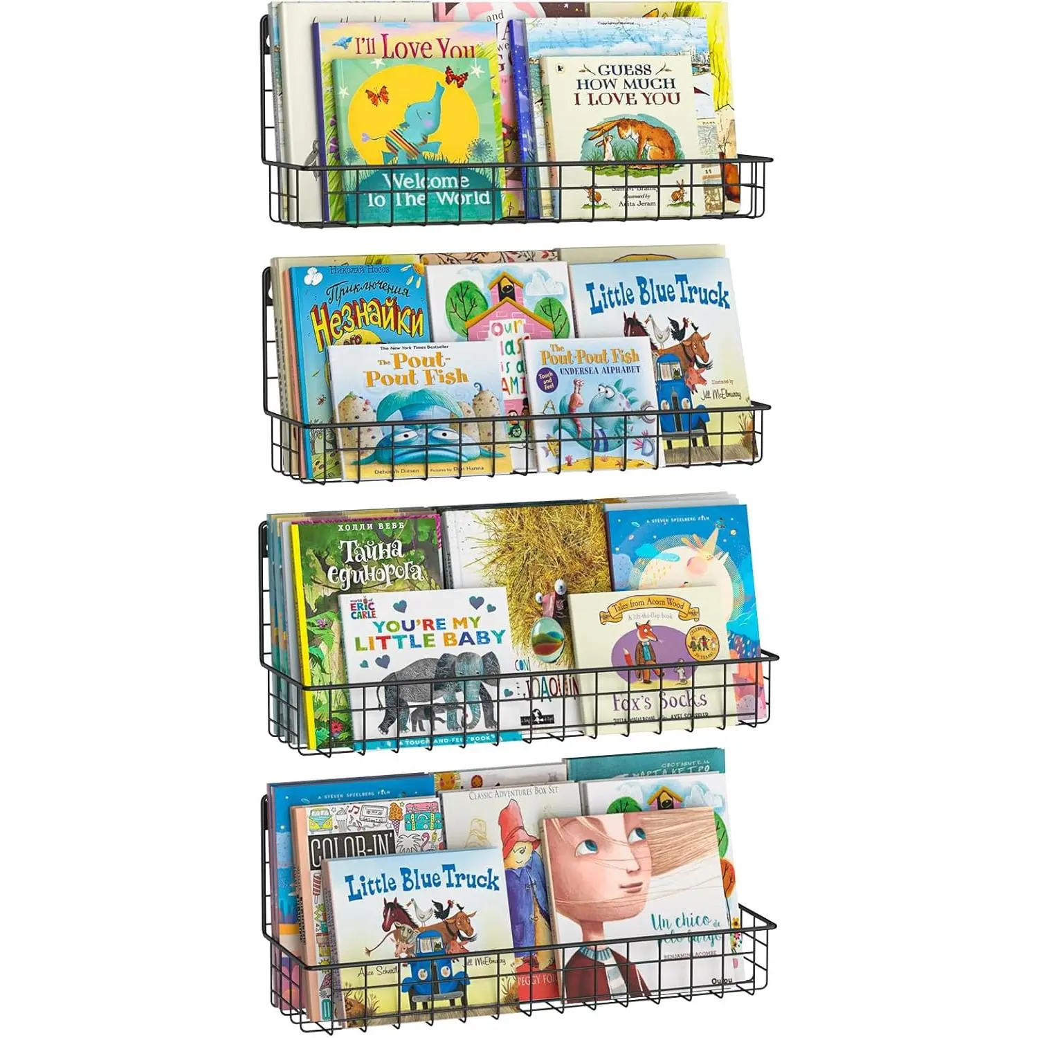Wall Mounted Metal  Bookshelf, Floating Book Shelves for    Classroom, Hanging Book Shelf Organizer for Room Decor, Black, Set of 4