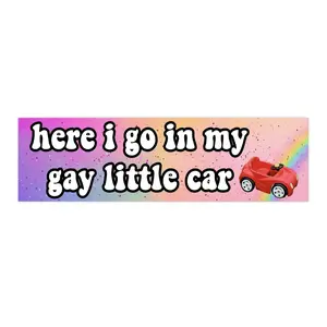 here I go in my gay little car | Bumper Sticker AND Magnet | Funny Meme Sticker | 8.7'' X 2.7'' | Waterproof Premium Quality