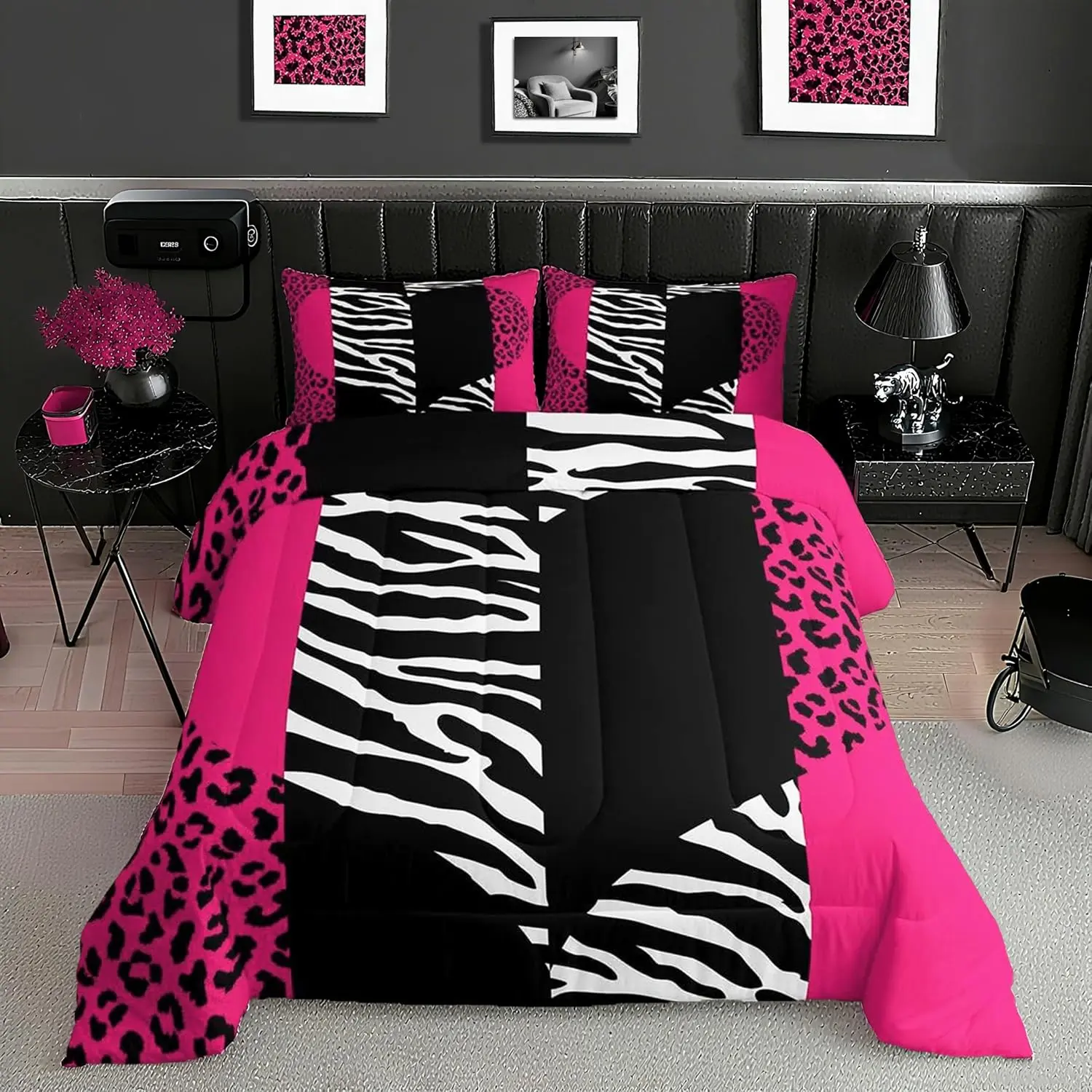 Pink Leopard Comforter Set Cute Zebra Heart Bedding Set Geometric Patchwork Stripes Quilted Duvet for Women Room Decor Romantic Wild Animals Fur Bedspread