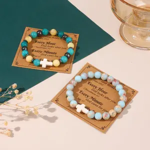 9Pcs Faith Cross Beaded Bracelets for Women Inspirational Christian Gifts Religious Cross Bracelet 8mm Natural Stone Stretch Jesus Bracelets Bulk Jewelry Gift