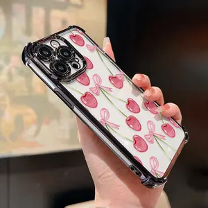 Four Corner Anti-Fall Cherry Bows Pattern Phone Case for iPhone 17 16 Pro Max 15 Plus 14 13 12 11 Shockproof Transparent Electroplated Protective Cover
