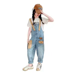 Girls' Vintage Wide-Leg Faux Denim Overalls with Geometric Patchwork & Contrast Brown Patches - Machine Washable Loose Fit All-Season Casual Jumpsuit for Outdoor Play & Casual Attire, Durable Kids' Clothing, Perfect for Outdoor