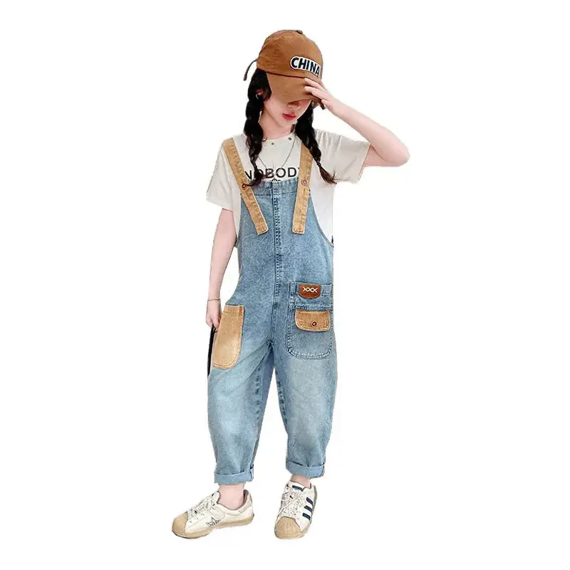 Girls' Vintage Wide-Leg Faux Denim Overalls with Geometric Patchwork & Contrast Brown Patches - Machine Washable Loose Fit All-Season Casual Jumpsuit for Outdoor Play & Casual Attire, Durable Kids' Clothing, Perfect for Outdoor