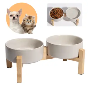 Elevated Ceramic Dog Bowl Set, Non-Slip Bamboo Wood Stand, Dual Pet Feeding Dish, Suitable for Puppies and Cats, Holds 140g/320ML