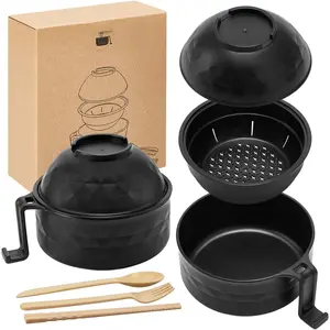 1 Set Microwave Ramen Cooker 33oz Wheat Straw Microwave Noodle Bowl Set with Chopsticks, Spoon, Fork, College Dorm Office Apartment Essentials (Black)