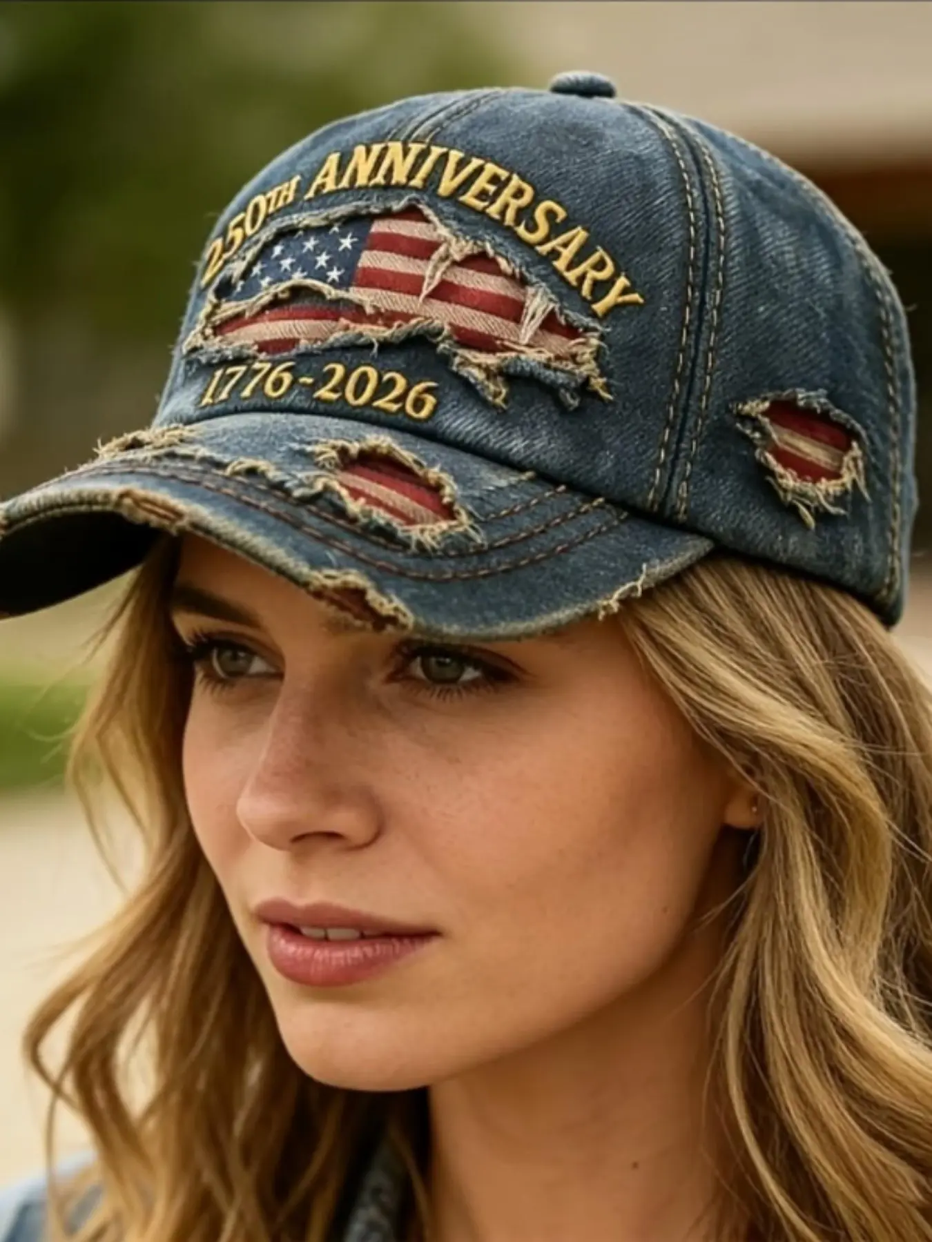 New Patriotic 250th Anniversary Theme Baseball Cap (1776-2026), Vintage Aesthetic Washed Denim Embroidered Detail Ripped Design Fitted Baseball Hat, Retro Style Headwear