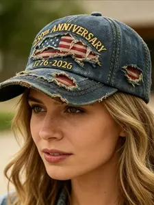 New Patriotic 250th Anniversary Theme Baseball Cap (1776-2026), Vintage Aesthetic Washed Denim Embroidered Detail Ripped Design Hat, Retro Style Headwear