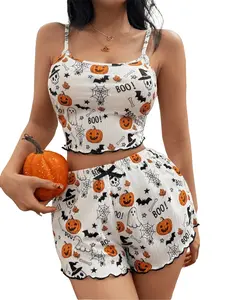 Women's Halloween Pumpkin Bat Ghost Print Silk Pajama Set, Soft Comfortable Sleepwear, Elegant Fashion Home Clothes, Glam Lounge Wear